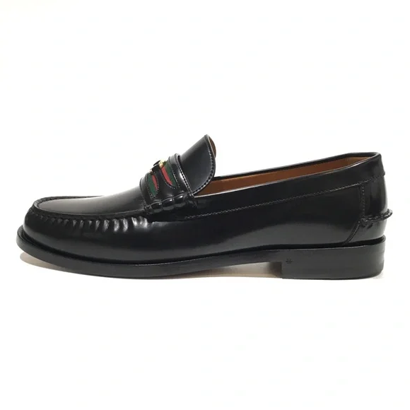 GUCCI INTERLOCKING G WEB LOAFER MOCCASIN -BLACK LEATHER -US 12.5 -NEW - Picture 4 of 10